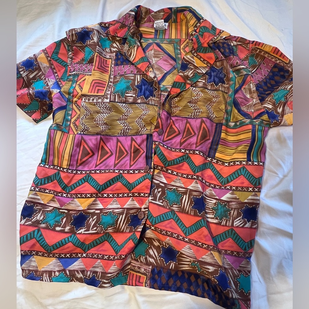 Vibrant Vintage Geometric Print Button-Up Shirt